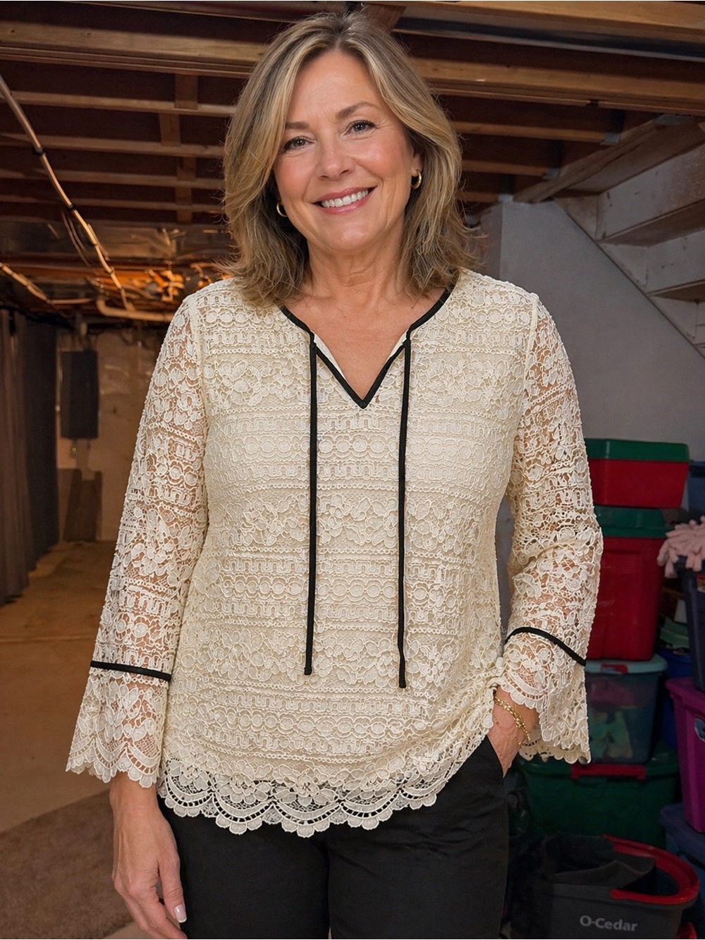 Talbots Cream Lace V-Neck Blouse with Black Trim